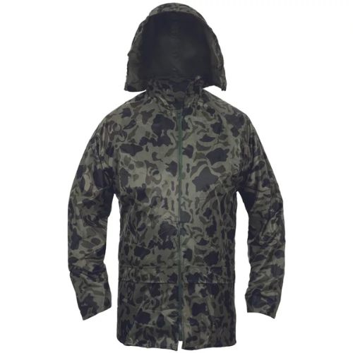 Modern terepmintás kétrészes esőruha PVC-vel bevont poliészter anyagból - zöld/fekete